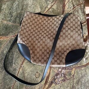 Gucci Brown and Black Crossbody Bag with GG Pattern and Spacious Design